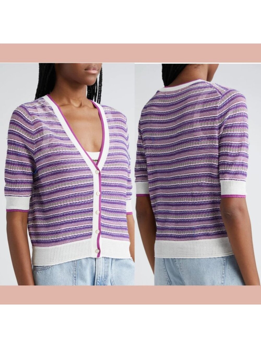 Veronica Beard Varia Mixed Stripe Cardigan White Purple $348 XS
